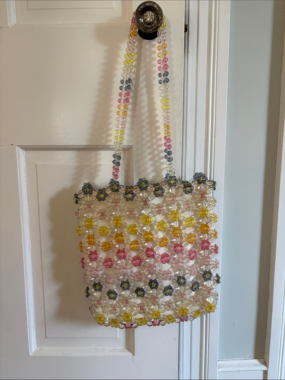 Cynthia Rowley Clear Beaded Tote with Yellow & Pink Floral Accents